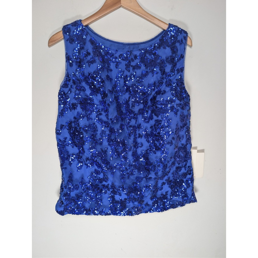 Lanting Bride Royal Blue Sequin Floral Sleeveless Shell Top Evening Blouse M NWT